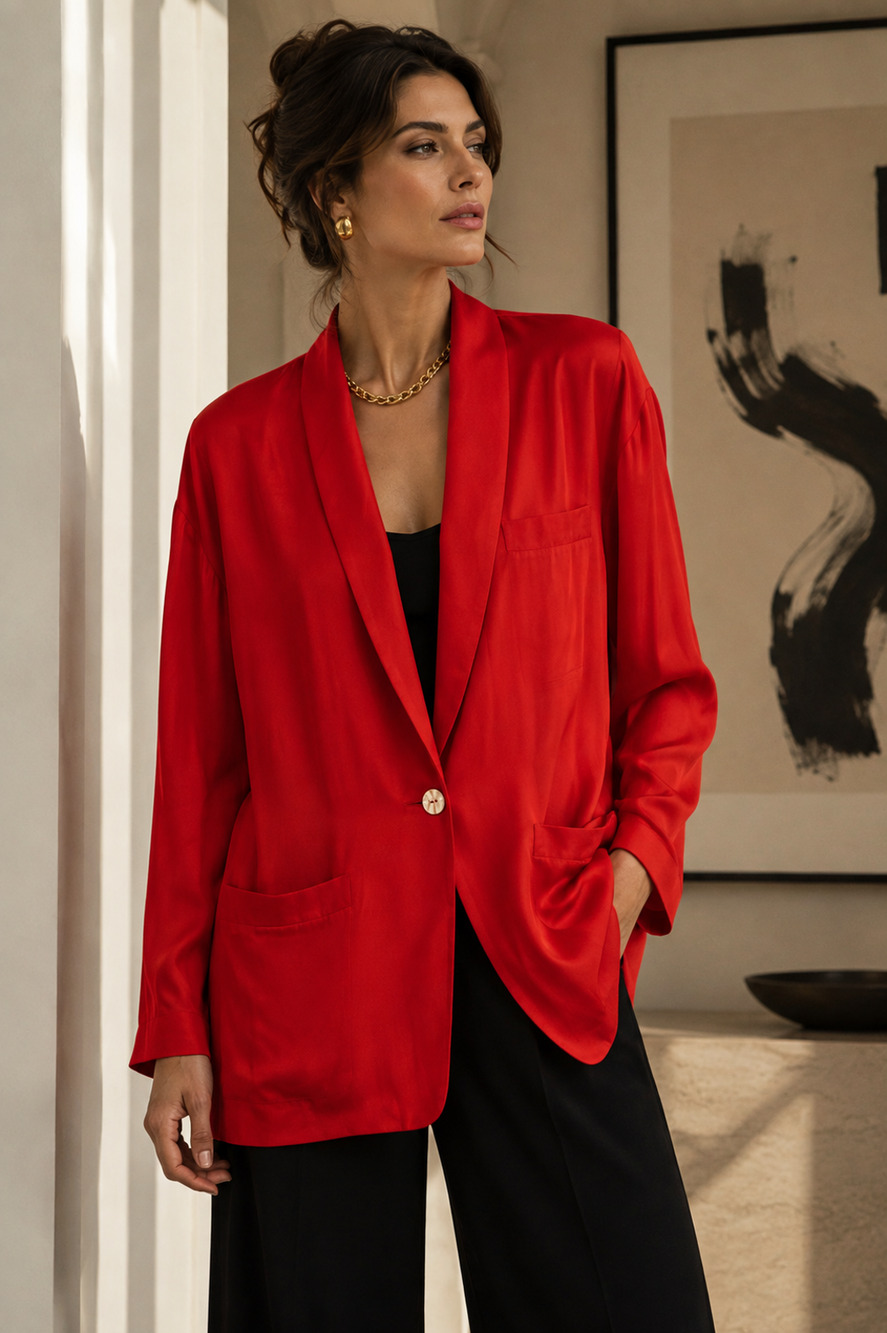 Vintage 1980's First Issue Sz S Red 100% Silk Oversized Blazer Jacket Pockets